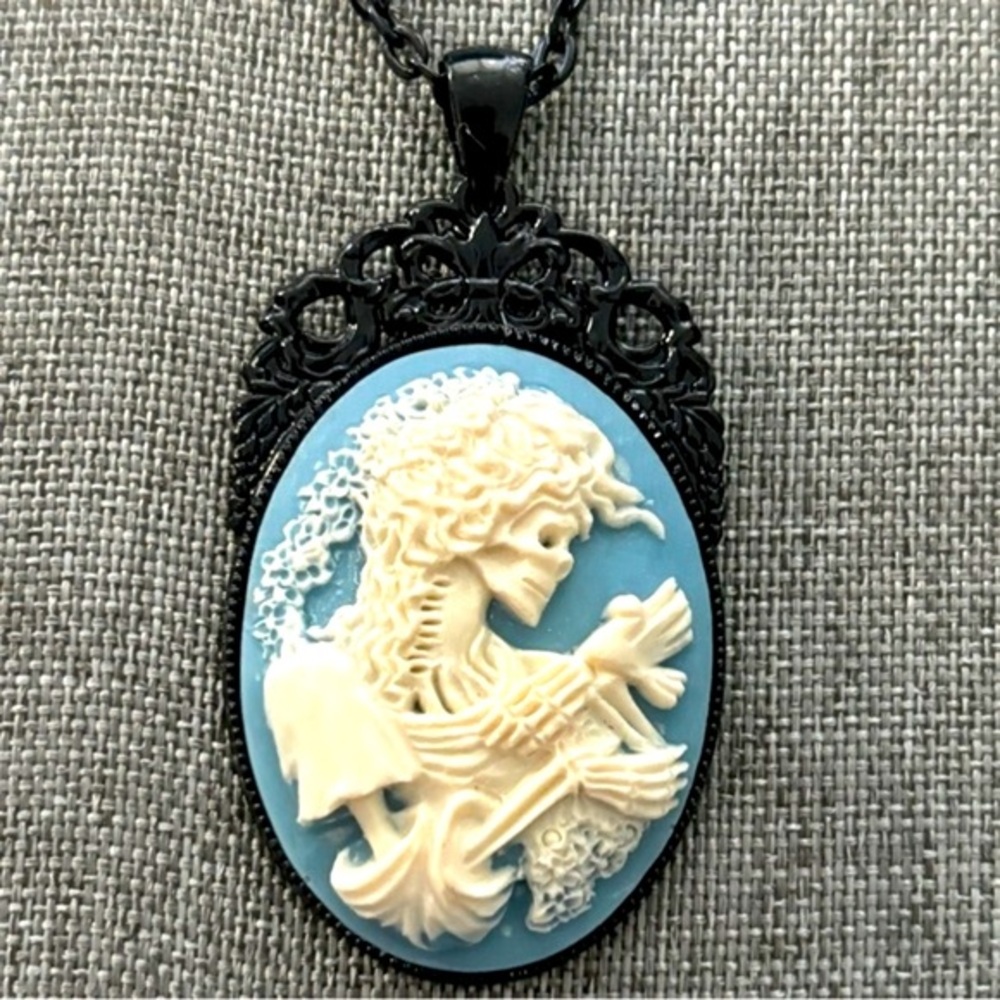 Blue and White Skeleton Lady Cameo Necklace, Handmade, NWT